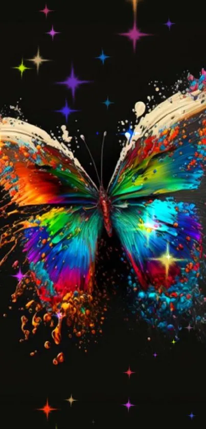 Colorful butterfly art with vibrant splashes on black background.