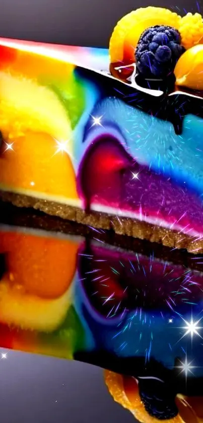 Vibrant rainbow cake slice with fruit and chocolate.