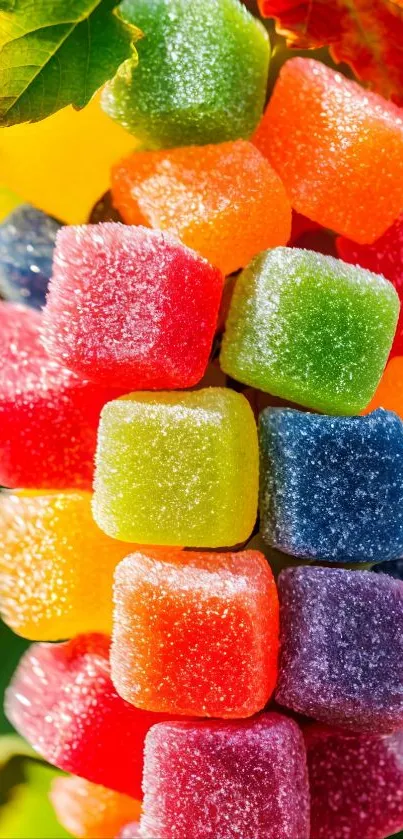 Colorful candy cubes shining in bright light.