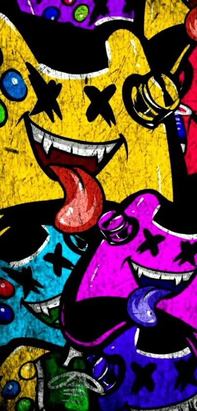 Vibrant cartoon faces with colorful expressions on mobile wallpaper.