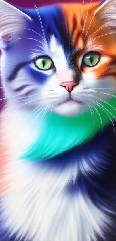 Vibrant and colorful digital cat illustration with orange, blue, and green hues.