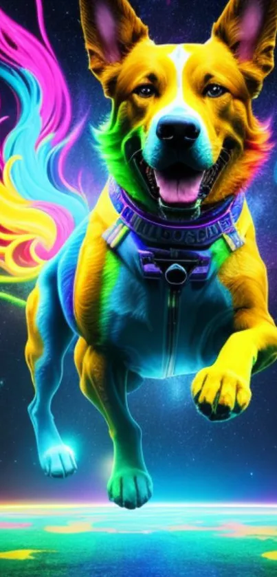 Colorful cosmic dog art wallpaper with vibrant hues.