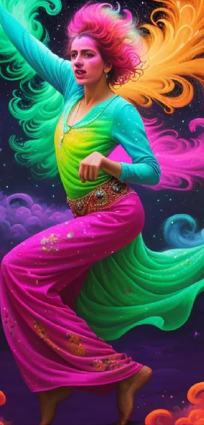 Vibrant dance-themed wallpaper with colorful, flowing attire and energetic style.