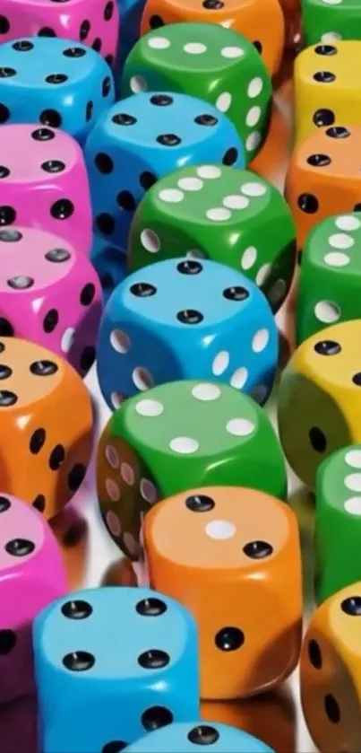 A vibrant array of colorful dice in multiple rows.