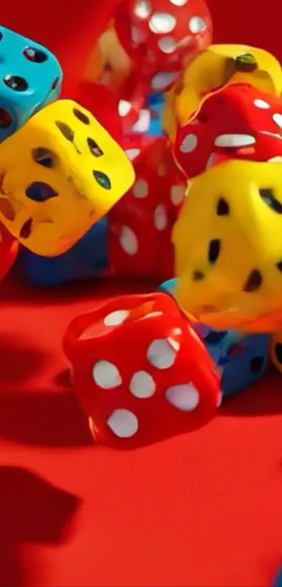 Colorful dice cascading on a red background.