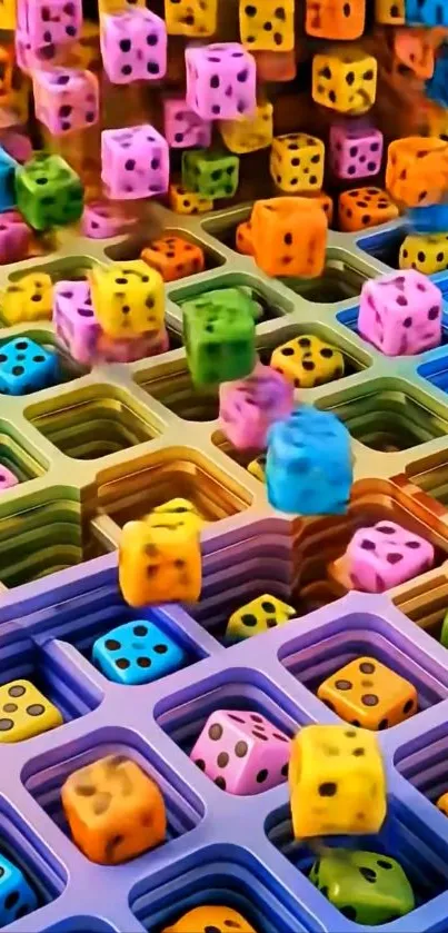 Colorful dice cascading into slots on a vibrant background.