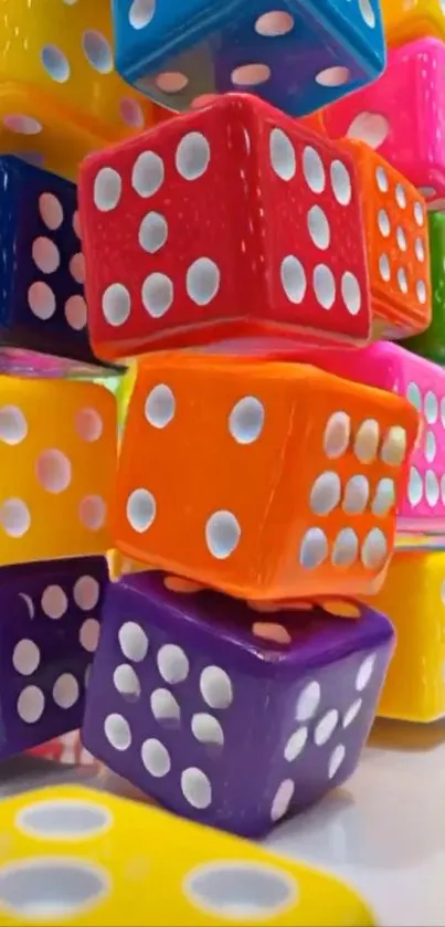Stack of vibrant colorful dice creating an eye-catching pattern.