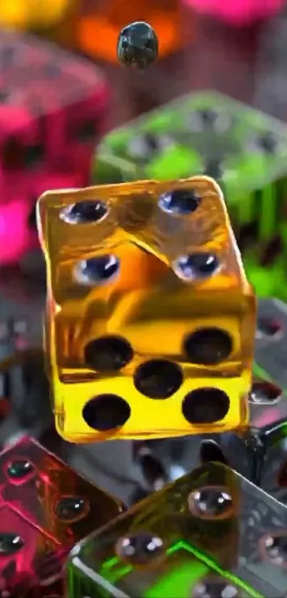 Colorful 3D dice in motion, vibrant wallpaper.