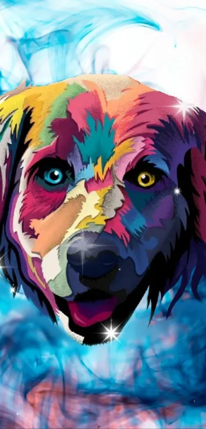 Vibrant artistic dog in colorful hues with blue accents.