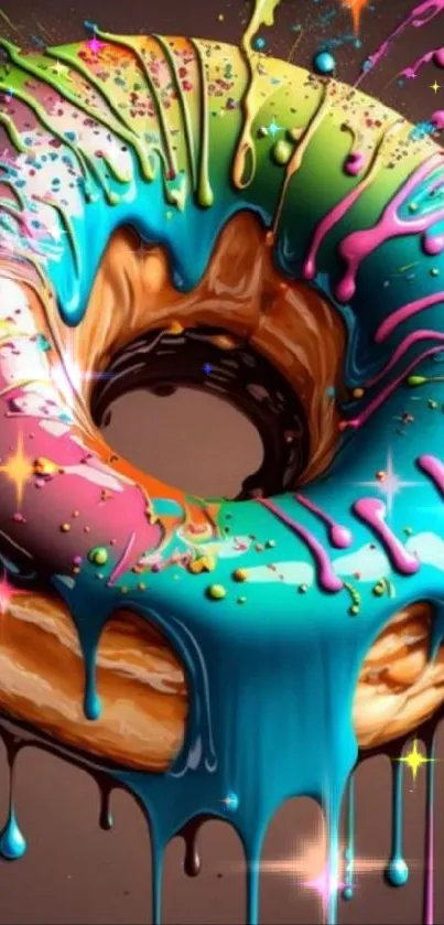 Dynamic donut with vibrant colors and paint splashes.