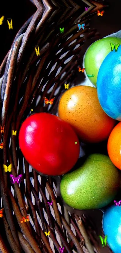 Basket of colorful Easter eggs with butterflies.