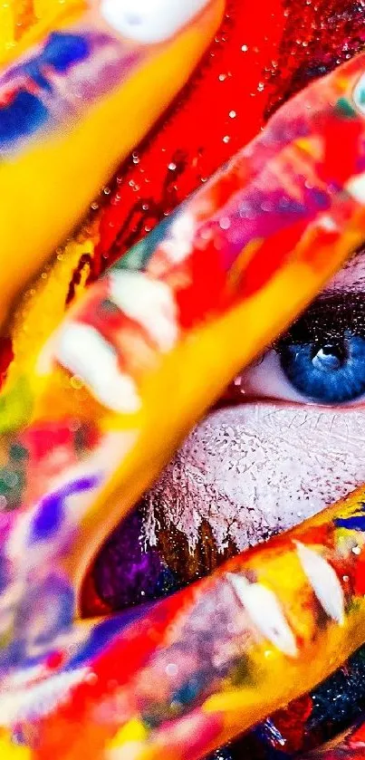 Colorful painted hand covering eye with vibrant hues and textures.