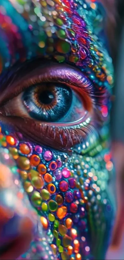 Close-up of a vibrant, colorful eye with artistic texture.