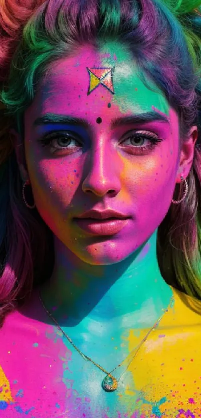 Creative face paint with vibrant rainbow hues for a striking mobile wallpaper.