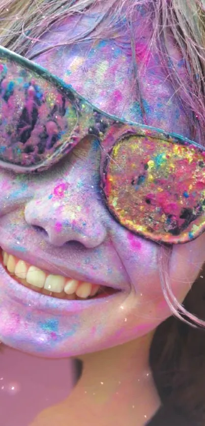 Colorful face with sunglasses and vibrant paint.