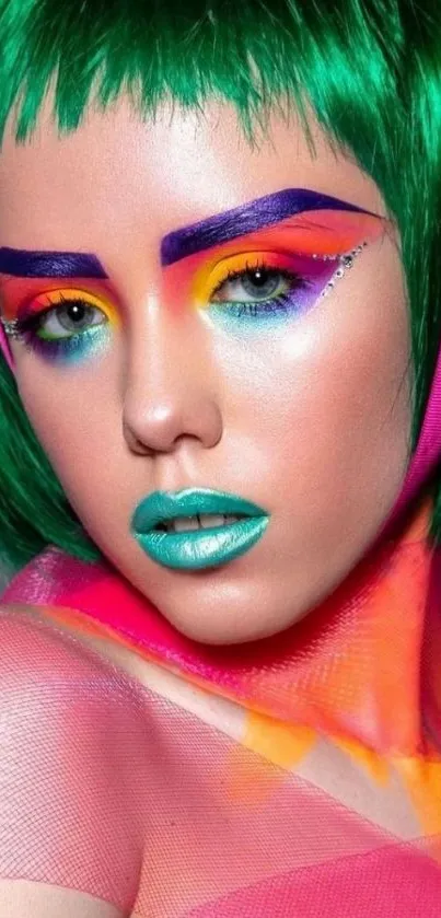 Vibrant colorful portrait with bold makeup and green hair.