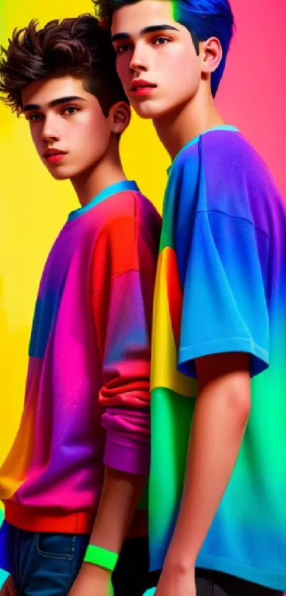 Vibrant fashion duo with colorful background, perfect for phones.