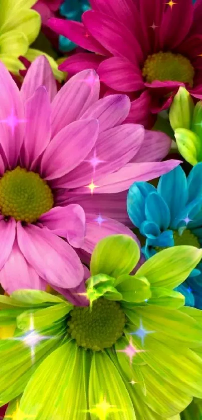 Vibrant floral wallpaper with colorful blooms in pink, blue, and green.