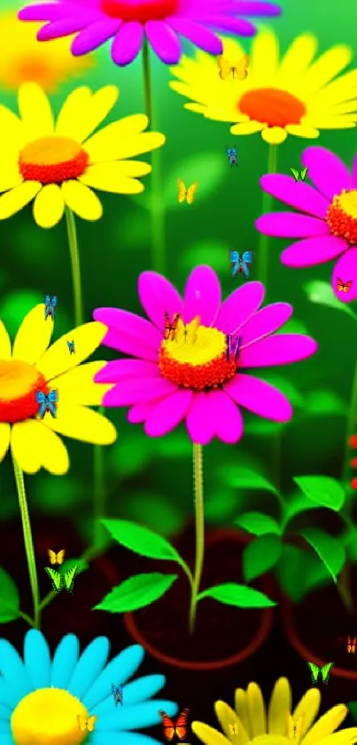 Vibrant multicolored daisies with green leaves on a mobile wallpaper.