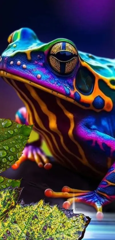 Colorful frog on leaf with vibrant hues in digital art wallpaper.