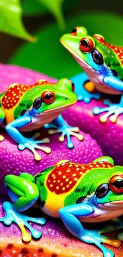 Vibrant and colorful frogs on a purple surface wallpaper.