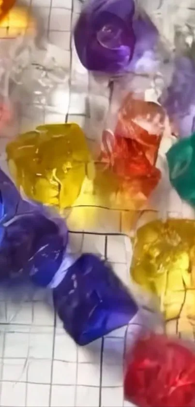 Colorful gemstones on grid background mobile wallpaper.