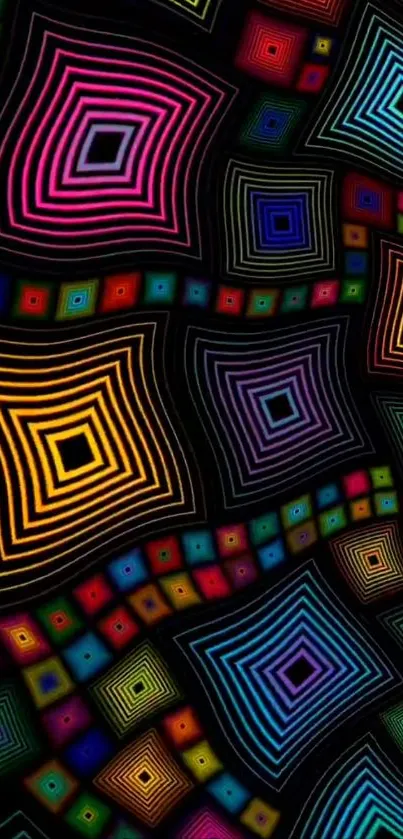 Vibrant geometric wallpaper with colorful squares on a black background.