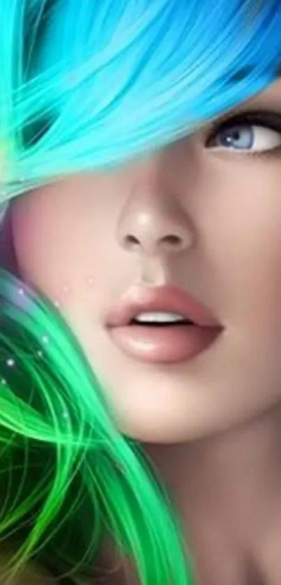 Colorful digital art portrait with vibrant multicolored hair.