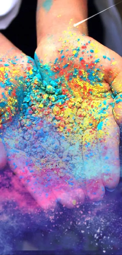 Colorful hands with Holi powder paint in vibrant shades.