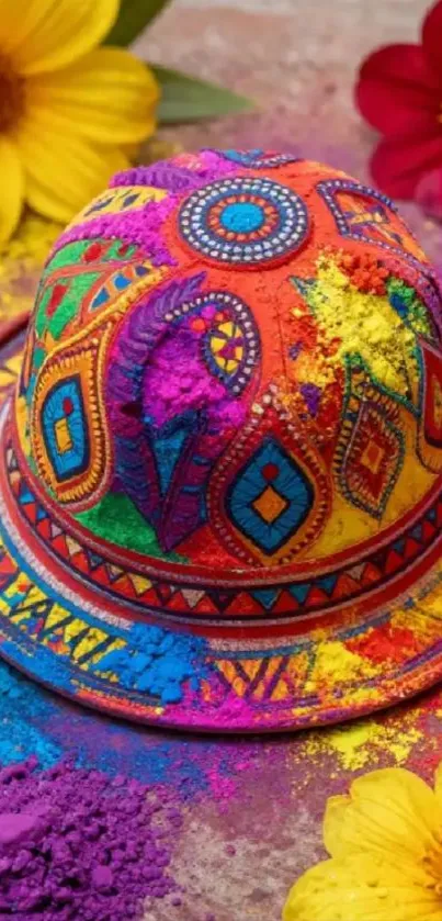 Vibrant colorful hat surrounded by color powder and flowers.