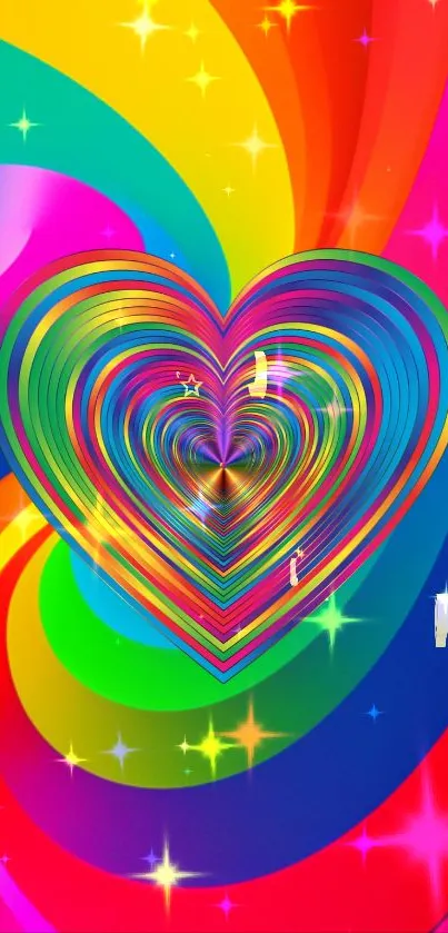 Colorful heart wallpaper with rainbow colors and stars.