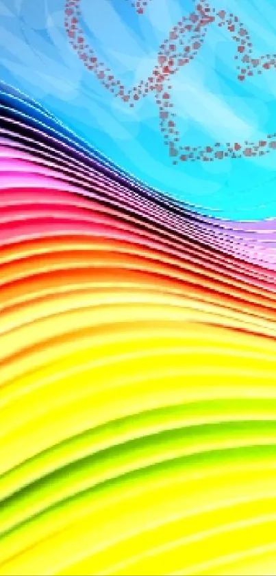 Vibrant rainbow wallpaper with colorful heart design in layers.