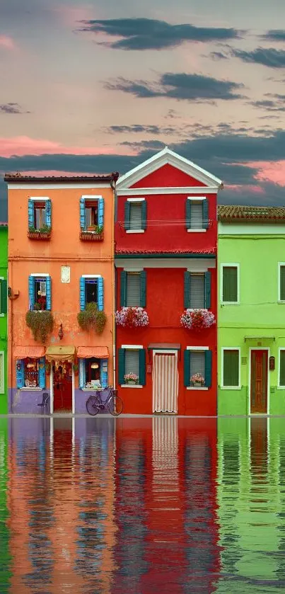 Colorful houses reflected in peaceful water under a dramatic sky.