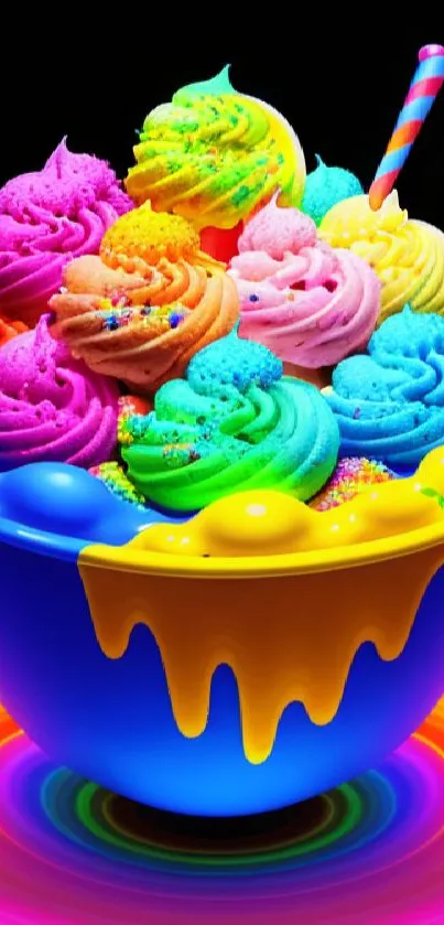 Vibrant colorful ice cream scoops in a blue bowl with rainbow design.