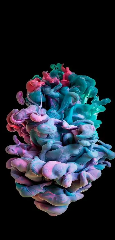 Vibrant colorful ink swirl on black background.