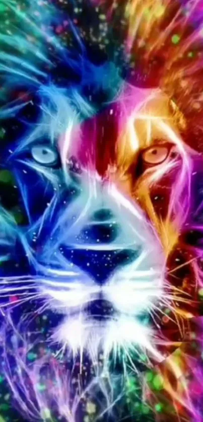 Vibrant colorful lion digital artwork with abstract design in vivid hues.