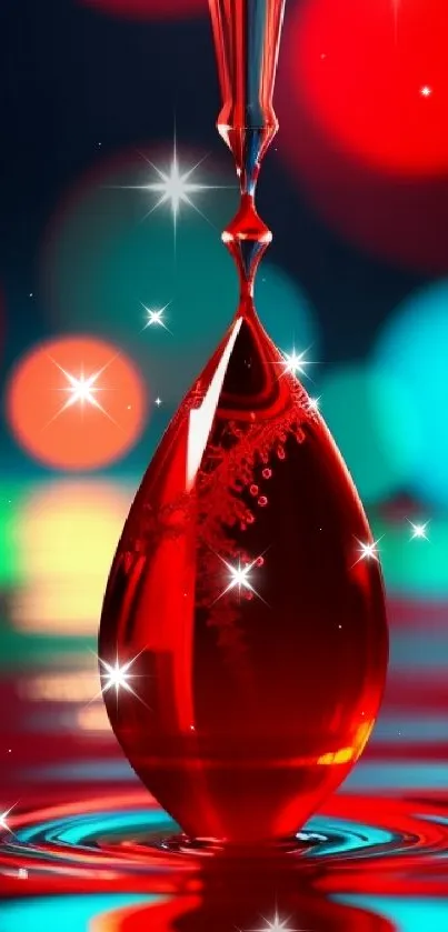 Vibrant red liquid droplet art with colorful bokeh background.