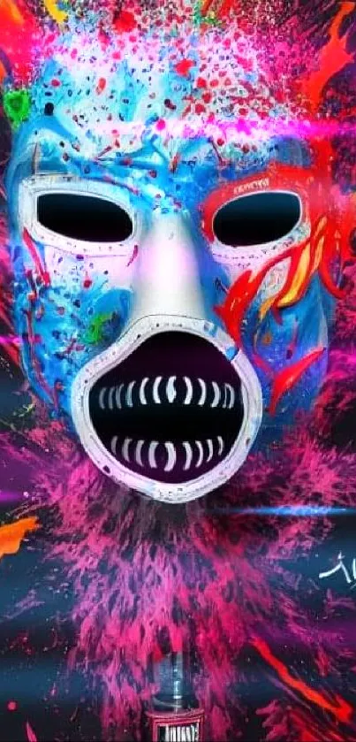 Colorful mask art with neon splashes and vibrant design.