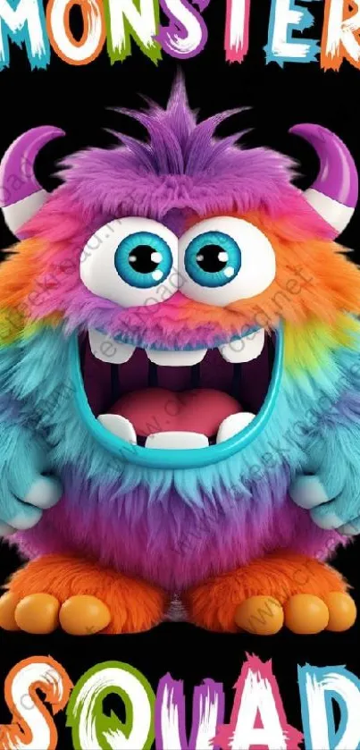 Colorful fuzzy monster cartoon on black background.