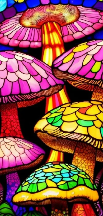 Vibrant colorful mushrooms in psychedelic art style wallpaper.