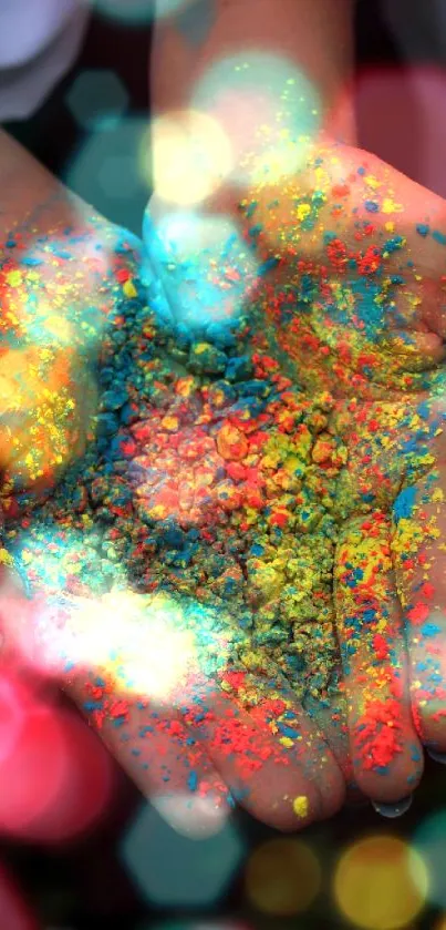 Hands holding vibrant colorful powders, mobile wallpaper.