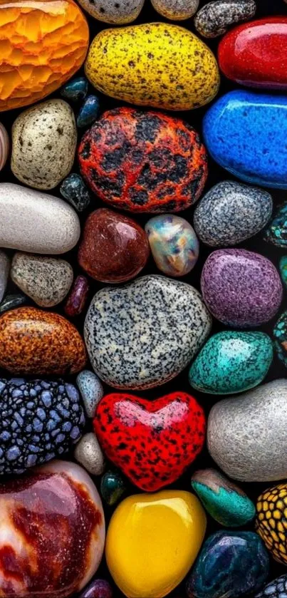 A variety of colorful pebbles in artistic arrangement.