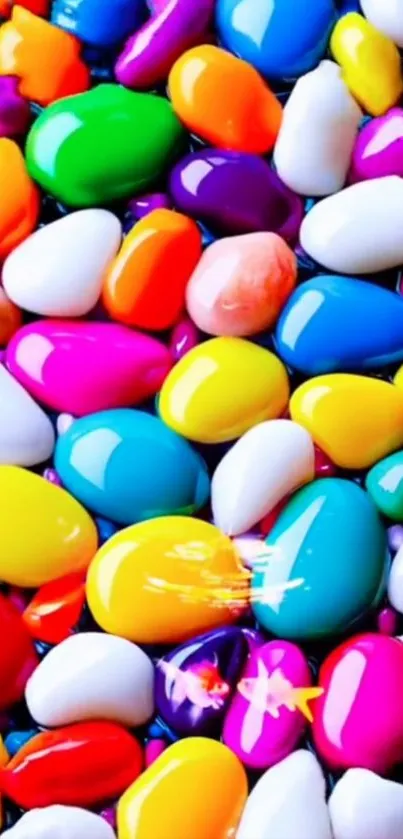 Colorful pebbles in vibrant hues creating a lively wallpaper design.