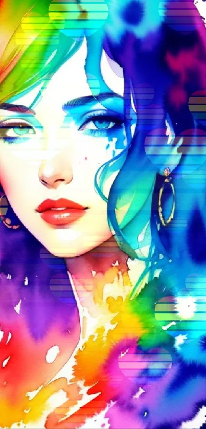 Vibrant colorful portrait with rainbow hues and artistic splashes.