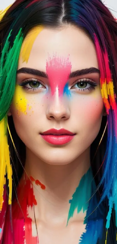 Vibrant artistic portrait with colorful splashes on a mobile wallpaper.