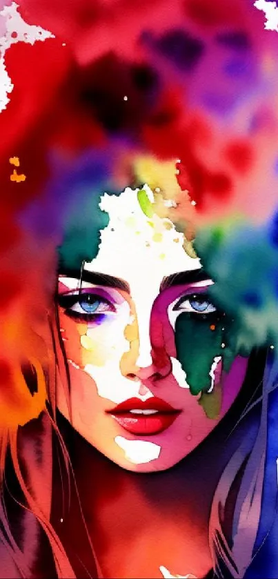 Vibrant watercolor portrait with colorful splashes on a mobile wallpaper.