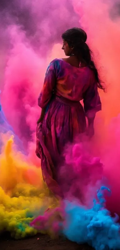 Colorful powder explosion wallpaper with pink, blue, and yellow hues.