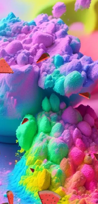 Vibrant pink, blue, and yellow powder art wallpaper.