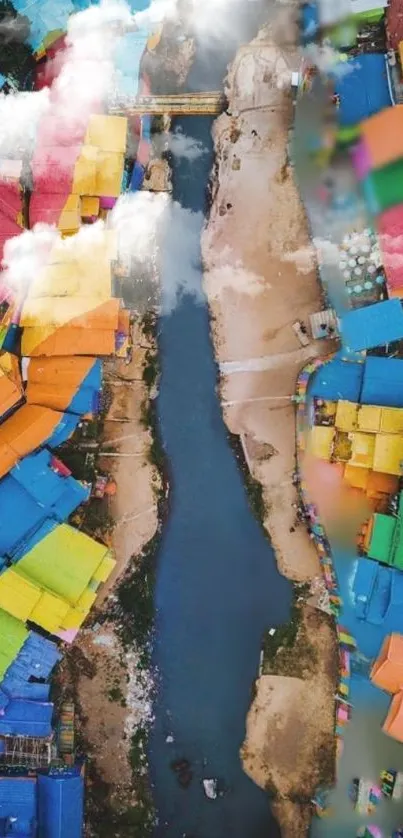 Aerial view of vibrant colorful rooftops along a serene river.