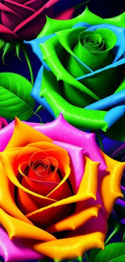 Vibrant and colorful roses on a dark background, ideal for lively decoration.